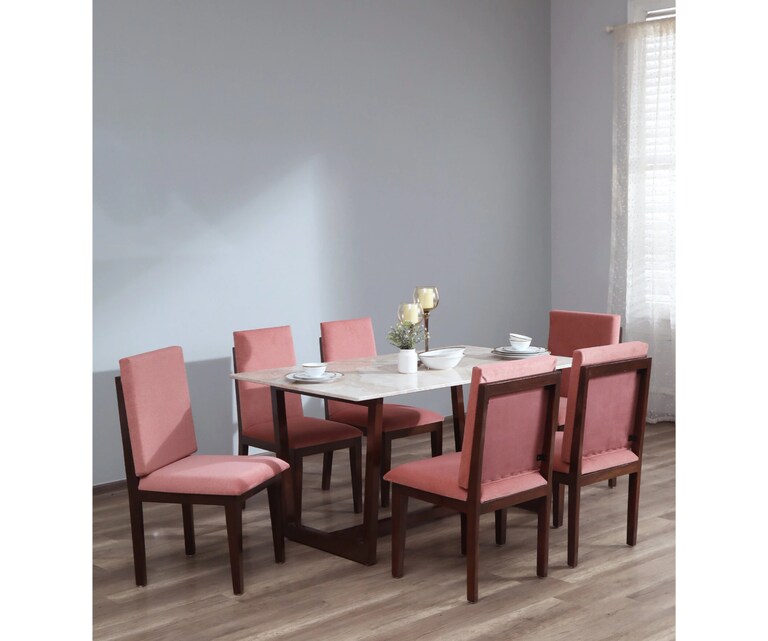 Crafted Marbles Dyna Marble Top 6 Seater Dining Set in Natural Teak Wood Finish