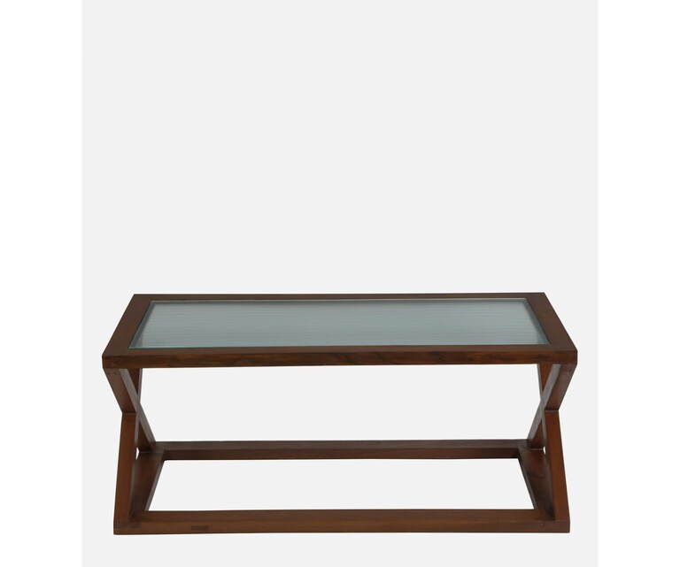 Crafted Marbles Fluted Rectangular Glass Top Coffee Table in Natual Teak Wood Finish