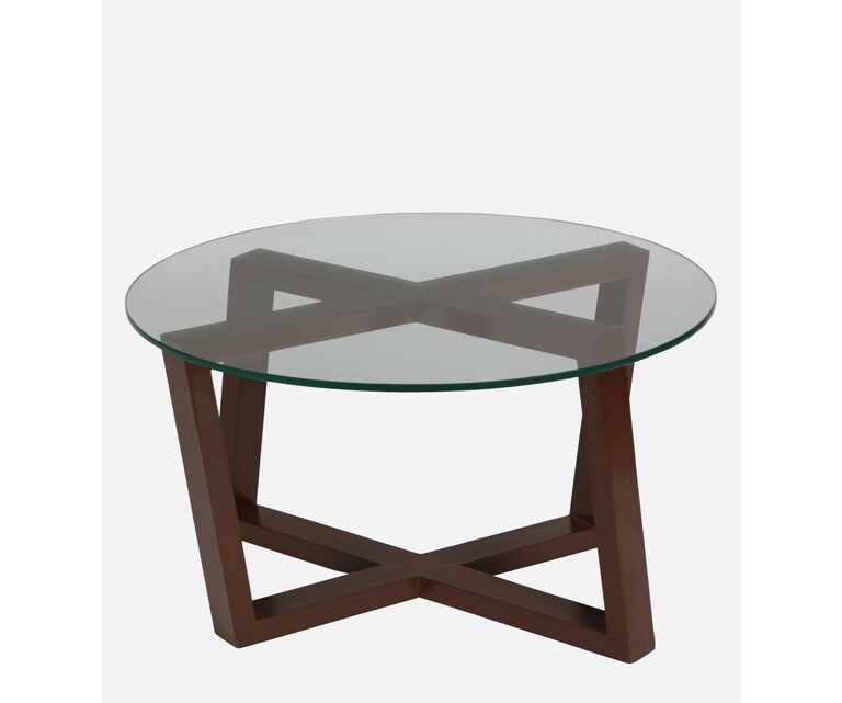 Crafted Marbles Modish Round Glass Top Coffee Table in Natural Teak Wood Finish