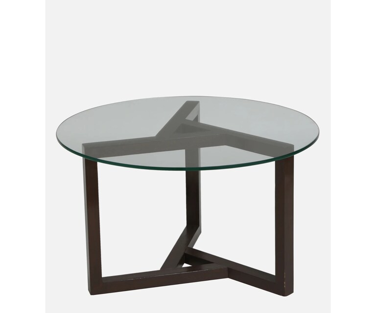 Crafted Marbles Frisko Round Glass Top Coffee Table in Teak Wood Finish