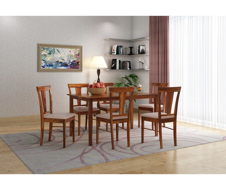 PlusOne Amur Solid Sheesham Wood 6 Seater Dining Set in Teak Finish