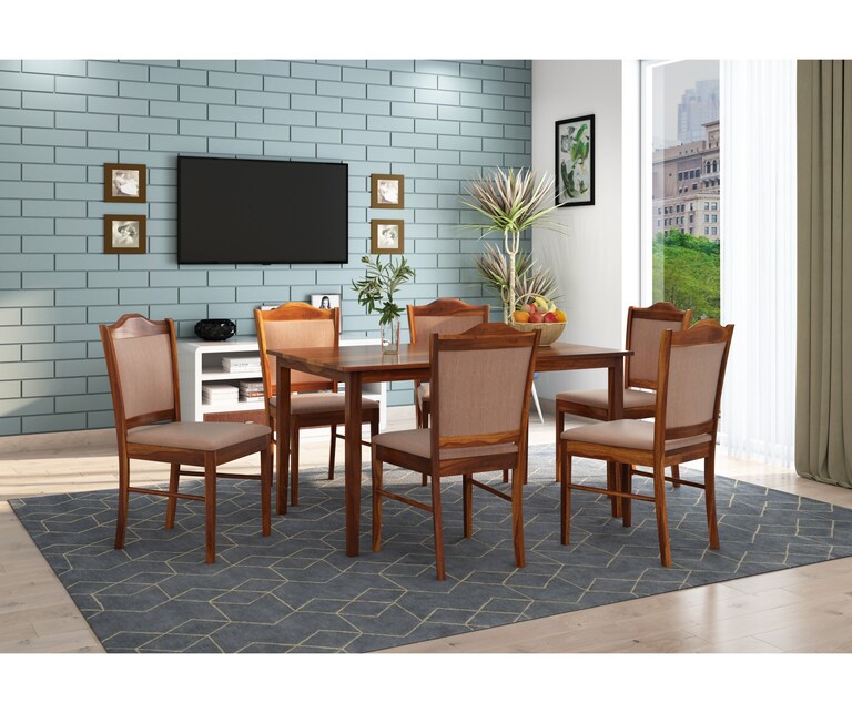 PlusOne Angara Solid Sheesham Wood 6 Seater Dining Set in Teak Finish