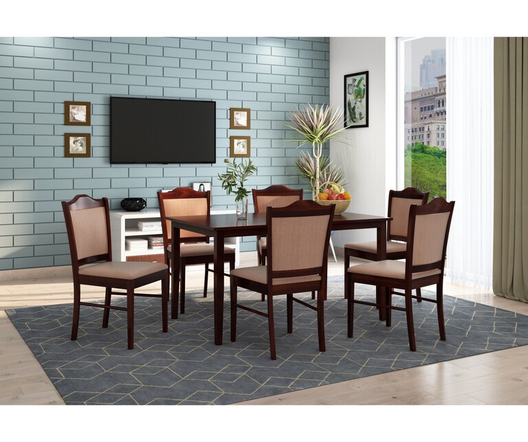 PlusOne Angara Solid Sheesham Wood 6 Seater Dining Set in Walnut Finish