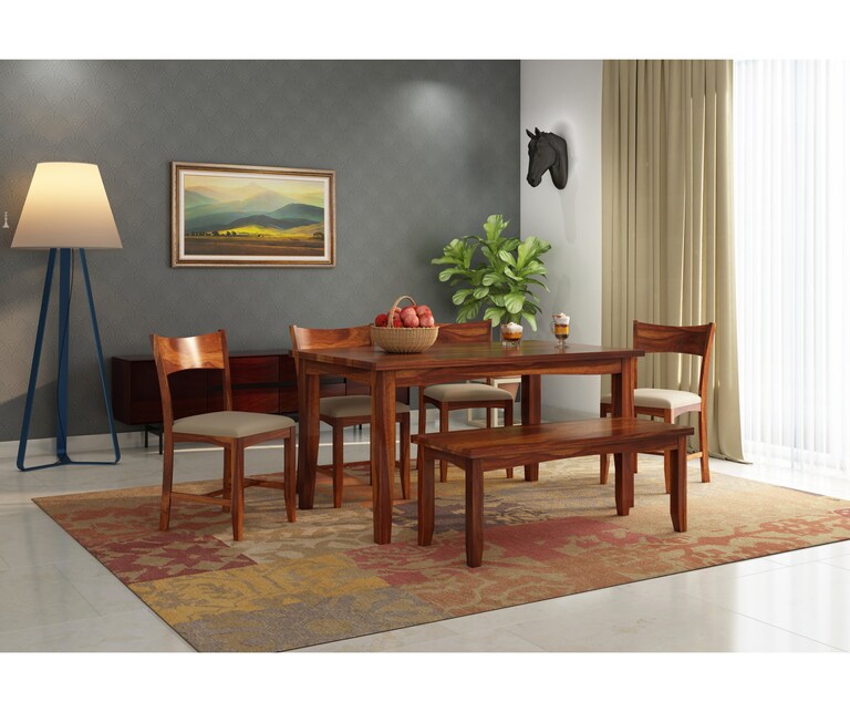 PlusOne Chang Solid Sheesham Wood 6 Seater Dining Set in Teak Finish with Bench