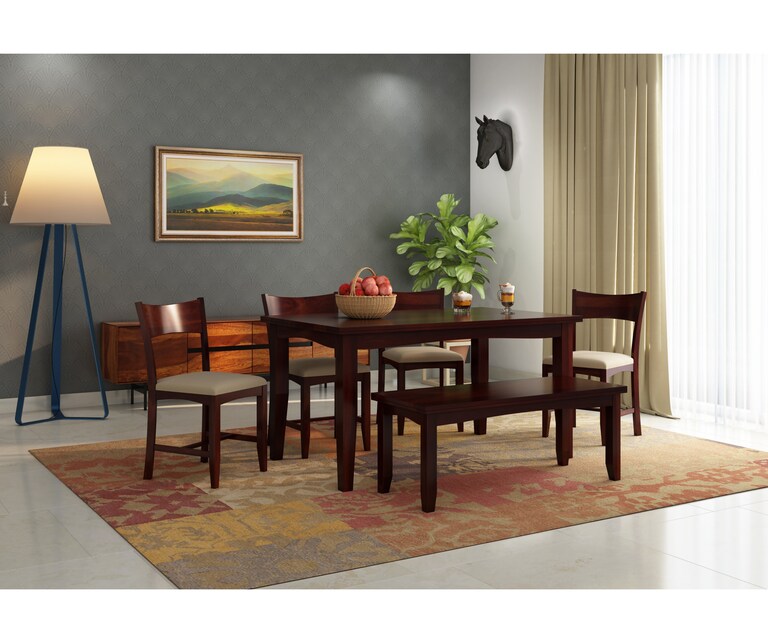 PlusOne Chang Solid Sheesham Wood 6 Seater Dining Set in Walnut Finish with Bench