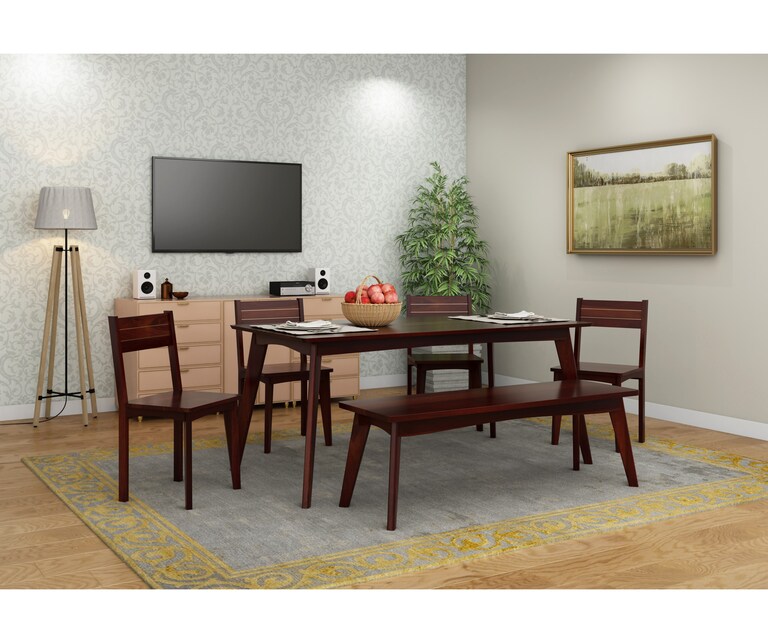 PlusOne Congo Solid Sheesham Wood 6 Seater Dining Set in Walnut Finish with Bench