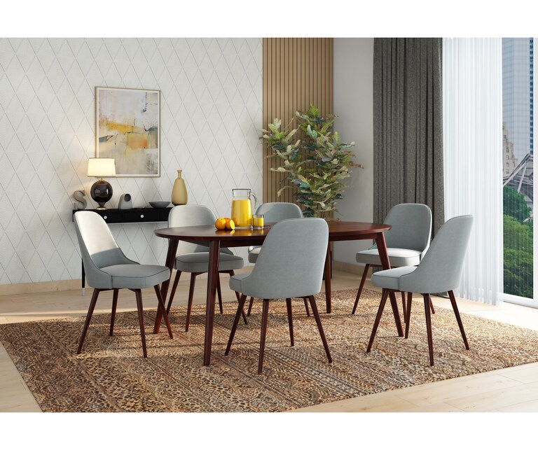 PlusOne Finlay Solid Sheesham Wood 6 Seater Dining Set in Walnut Finish