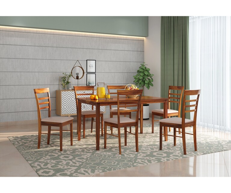 PlusOne Lena Solid Sheesham Wood 6 Seater Dining Set in Teak Finish