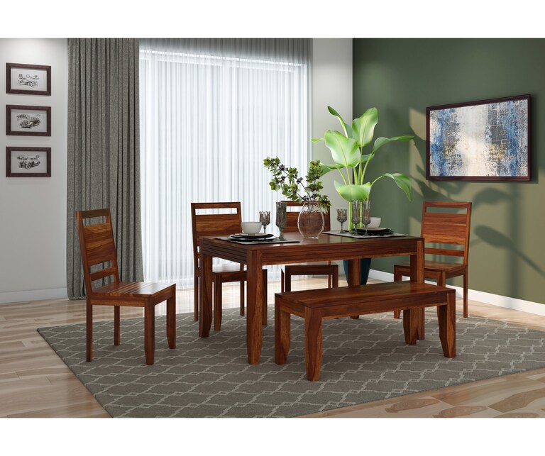 PlusOne Mantaro Solid Sheesham Wood 6 Seater Dining Set in Teak Finish with Bench