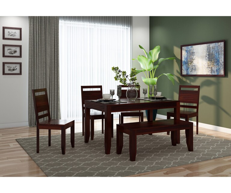 PlusOne Mantaro Solid Sheesham Wood 6 Seater Dining Set in Walnut Finish with Bench