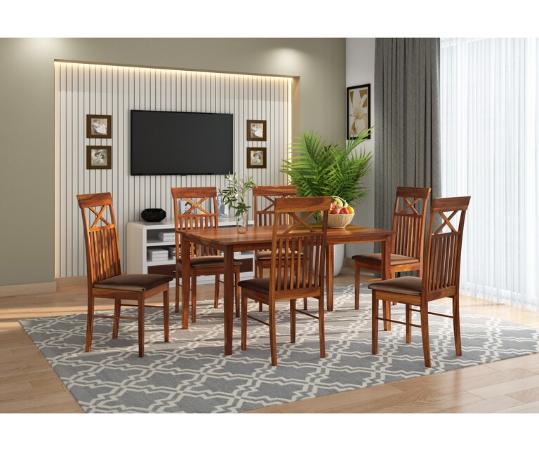 PlusOne Murray Solid Sheesham Wood 6 Seater Dining Set in Teak Finish