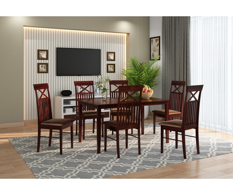 PlusOne Murray Solid Sheesham Wood 6 Seater Dining Set in Walnut Finish