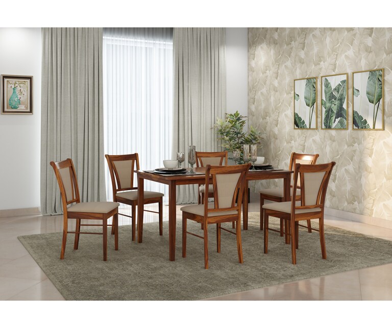 PlusOne Niger Solid Sheesham Wood 6 Seater Dining Set in Teak Finish