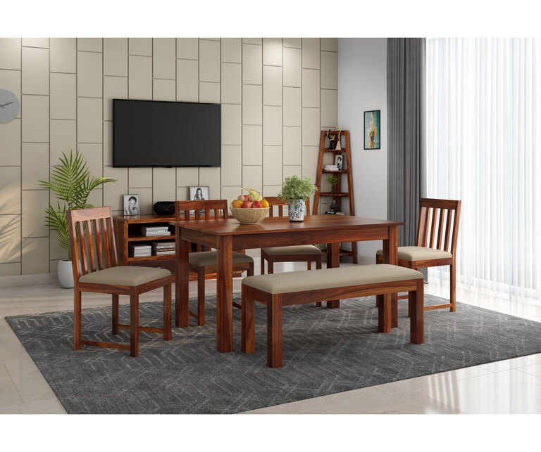 PlusOne Nile Solid Sheesham Wood 6 Seater Dining Set in Teak Finish with Bench
