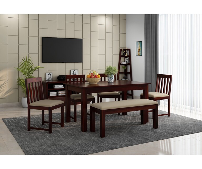 PlusOne Nile Solid Sheesham Wood 6 Seater Dining Set in Walnut Finish with Bench