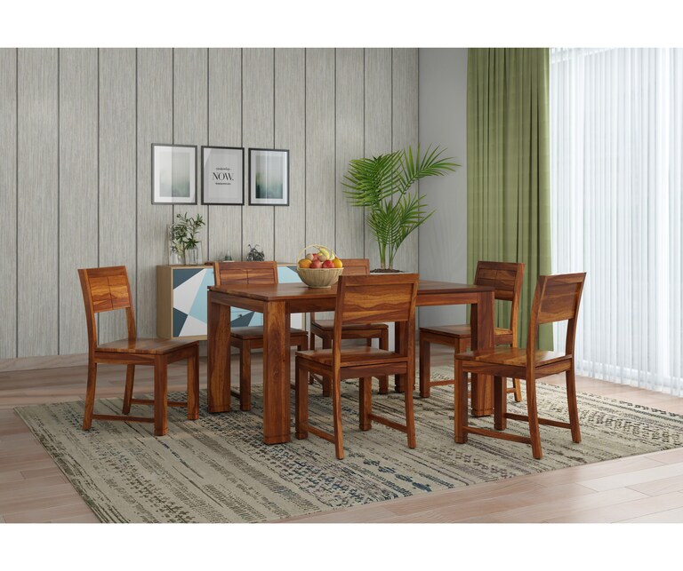 PlusOne Capri Solid Sheesham Wood 6 Seater Dining Set in Teak Finish