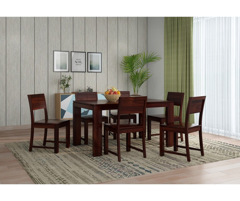 PlusOne Capri Solid Sheesham Wood 6 Seater Dining Set in Walnut Finish