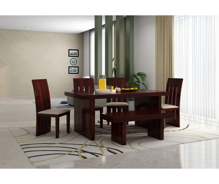 PlusOne Comino Solid Sheesham Wood 6 Seater Dining Set in Walnut Finish with Bench