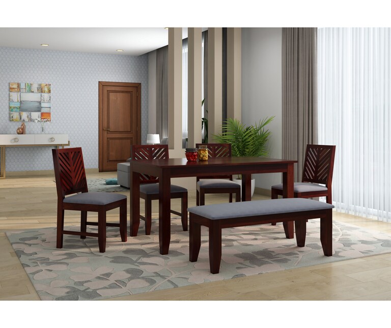 PlusOne Corsica Solid Sheesham Wood 6 Seater Dining Set in Walnut Finish with Bench