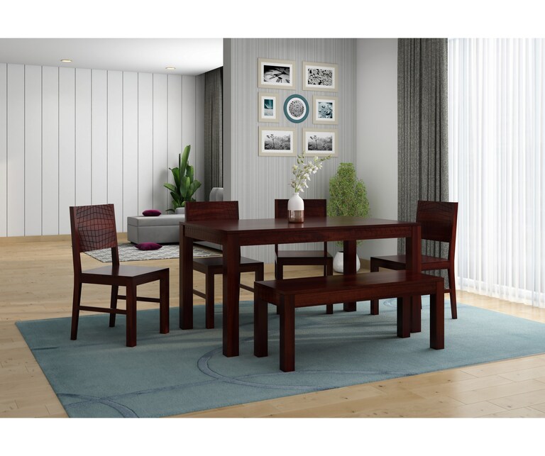 PlusOne Gotland Solid Sheesham Wood 6 Seater Dining Set in Walnut Finish with Bench