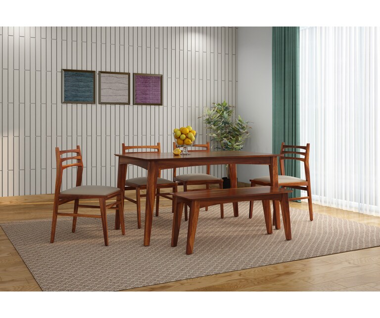 PlusOne Gozo Solid Sheesham Wood 6 Seater Dining Set in Teak Finish with Bench