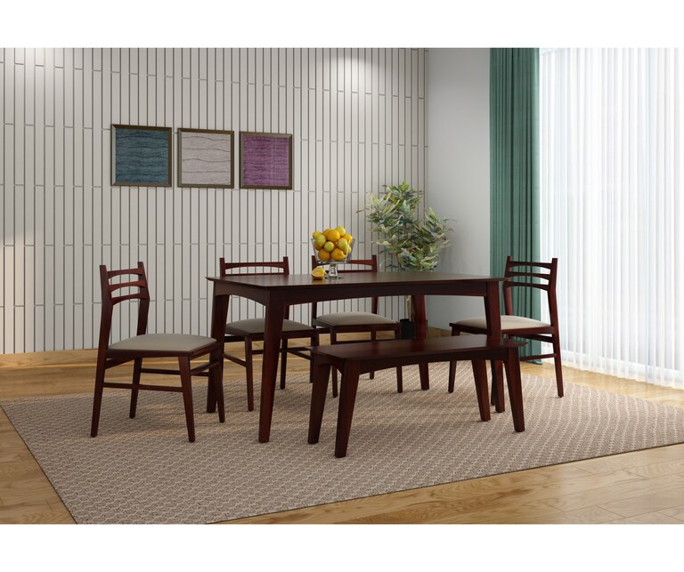 PlusOne Gozo Solid Sheesham Wood 6 Seater Dining Set in Walnut Finish with Bench