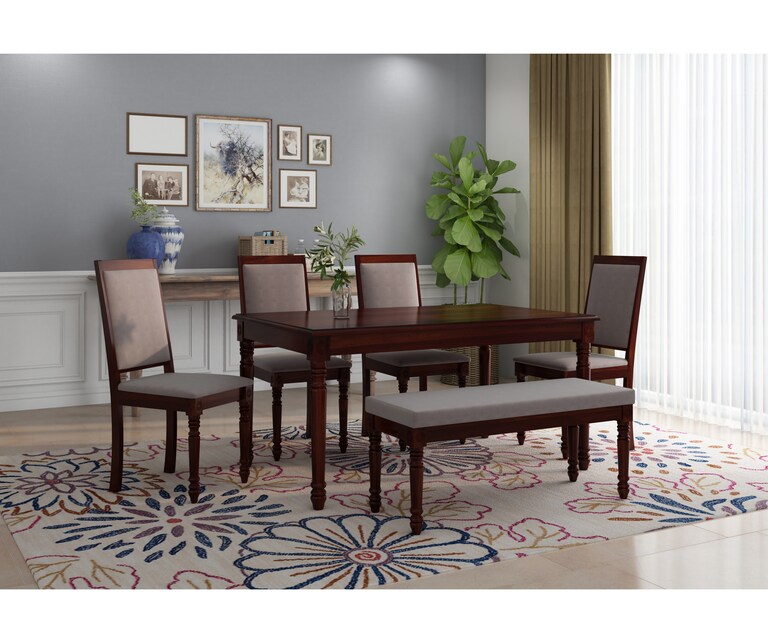 PlusOne Harris Solid Sheesham Wood 6 Seater Dining Set in Walnut Finish with Bench