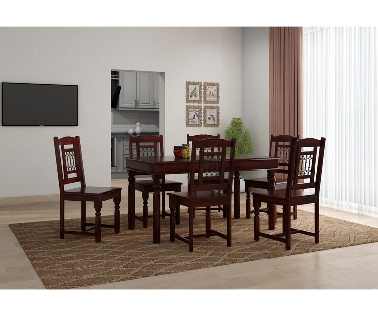 PlusOne Indus Solid Sheesham Wood 6 Seater Dining Set in Walnut Finish