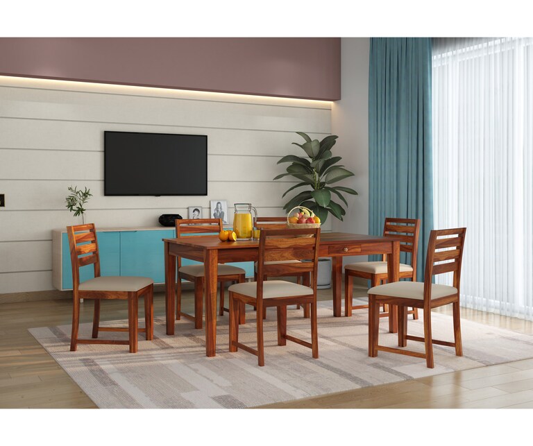PlusOne Rocha Solid Sheesham Wood 6 Seater Dining Set in Teak Finish