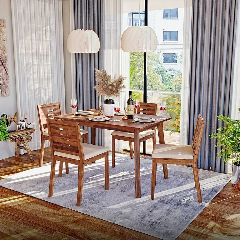 Wakefit Simsim-Ginamon Solid Sheesham Wood 4 Seater Dining Set in Natural Sheesham Finish