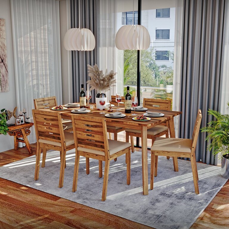 Wakefit Simsim-Ginamon Solid Sheesham Wood 6 Seater Dining Set in Natural Sheesham Finish