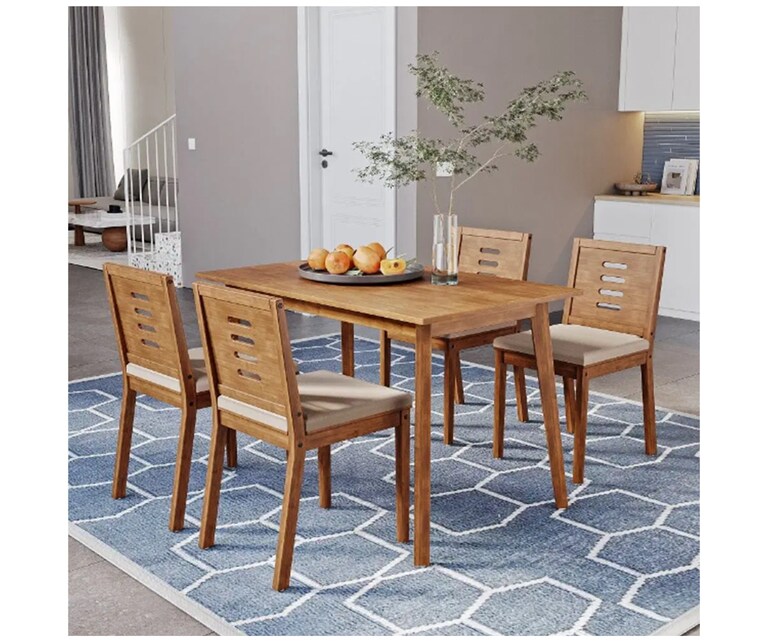 Wakefit Zufa Solid Rubberwood 4 Seater dining set in Midas Gold Colour with Omega Pearl Cushion