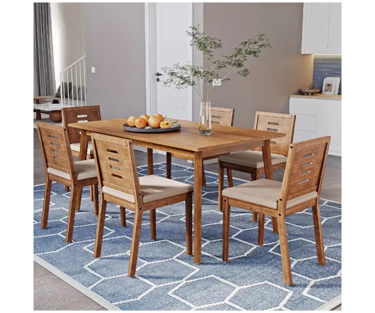 Wakefit Zufa Solid Rubberwood 6 Seater Dining Set in Midas Gold Colour with Omega Pearl Cushion