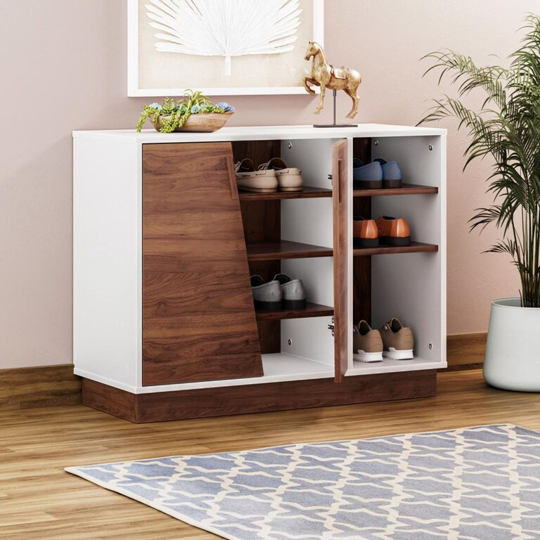 Wakefit Astrid 2 Door Engineered Wood 9 Pairs Shoe Rack in Columbian Walnut and Frosty White Colour with 3 Open Shelf