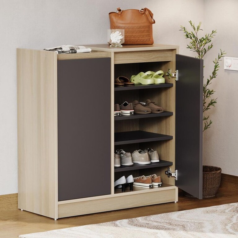 Wakefit Binet 2 Shutter Engineered Wood 14 Pairs Shoe Rack in Moldau Acacia & Gravel Grey Colour