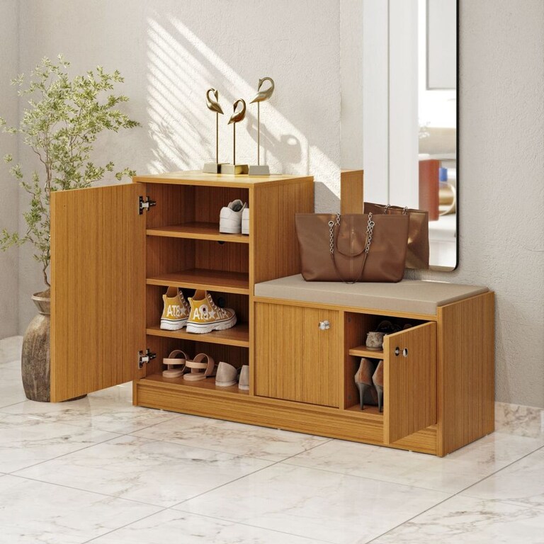 Wakefit Nervia 3 Door Engineered Wood 16 Pairs Shoe Rack in Urban Teak Colour with Seating Space