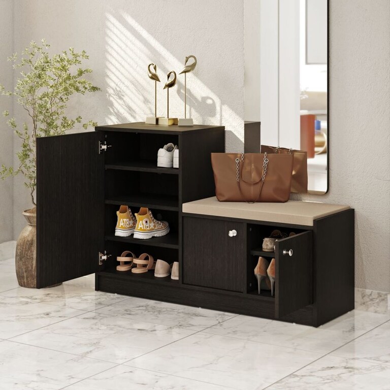 Wakefit Nervia 3 Door Engineered Wood 16 Pairs Shoe Rack in Wenge Colour with Seating Space