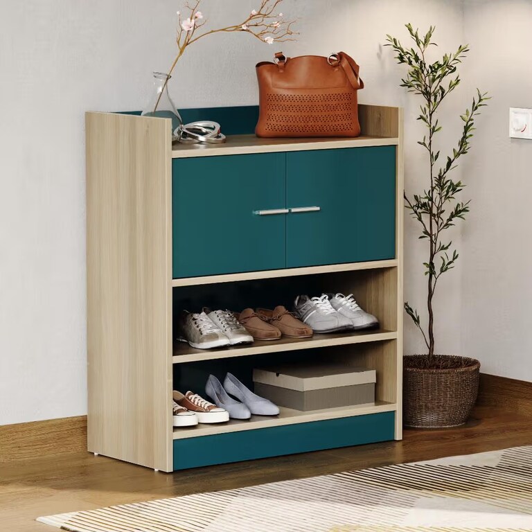 Wakefit Petulo 2 Shutter Engineered Wood 16 Pairs Shoe Rack in Petrol Blue & Moldau Acacia Colour