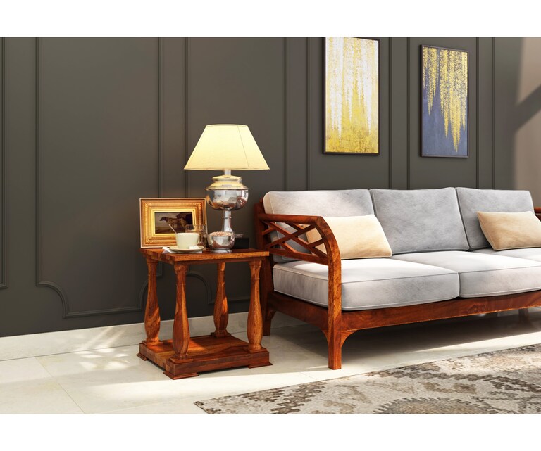 PlusOne Aster Sheesham Wood Side Table in Teak Finish