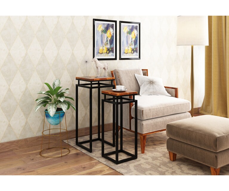 PlusOne Nord Sheesham Wood Nesting Table in Teak Finish