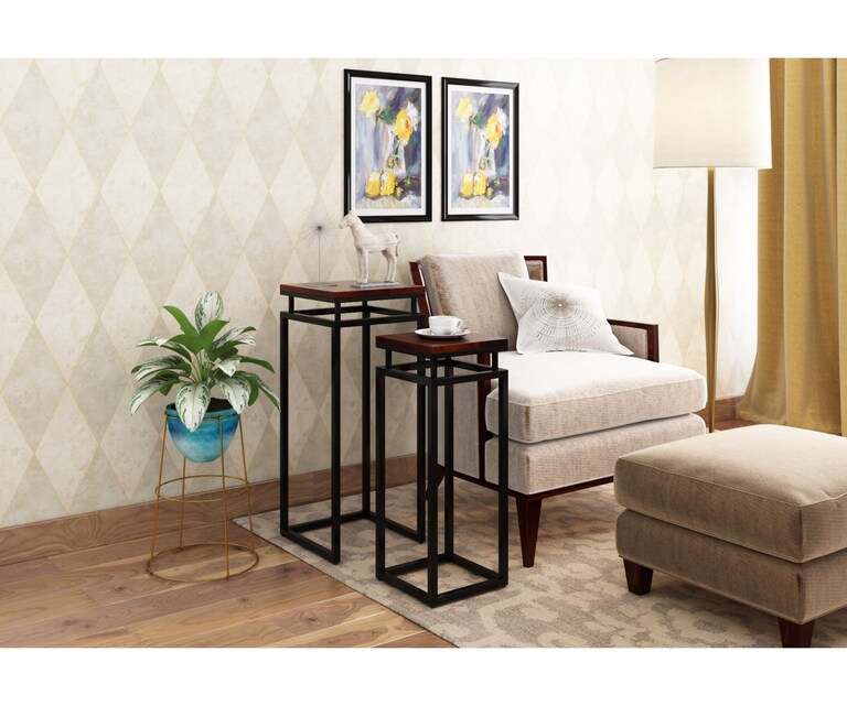 PlusOne Nord Sheesham Wood Nesting Table in Walnut Finish