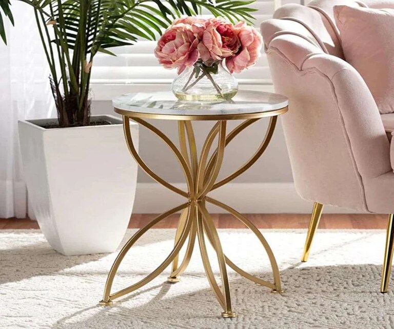 Writings On The Wall Golden Flower Side Table With Marble Top