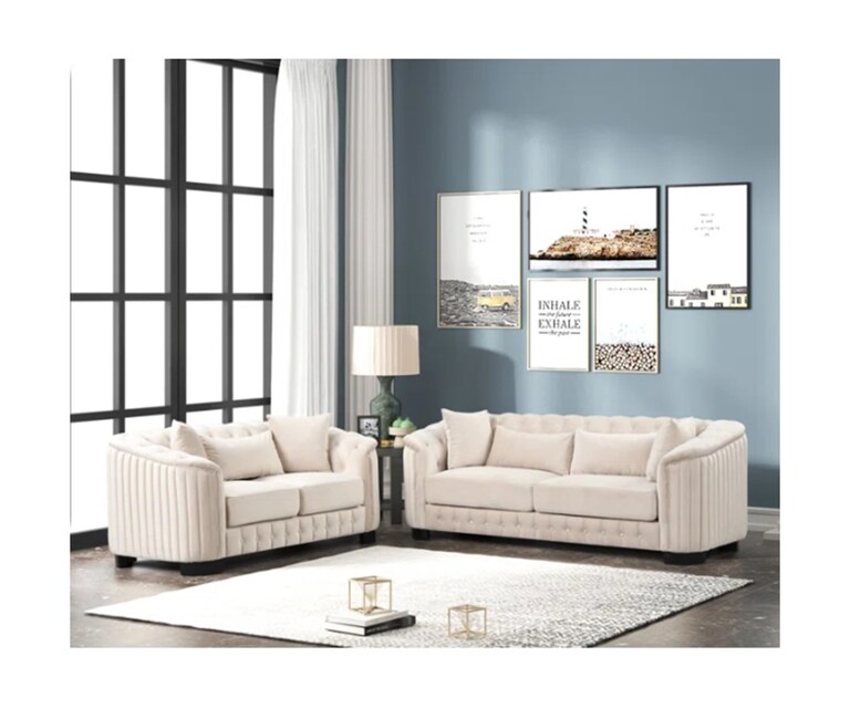 Decor Desk Index Velvet Fabric 5 Seater Sofa Set (3+2) in Beige Colour
