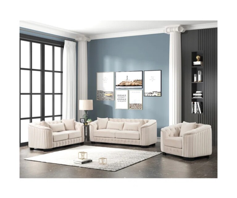 Decor Desk Index Velvet Fabric 6 Seater Sofa Set (3+2+1) in Beige Colour