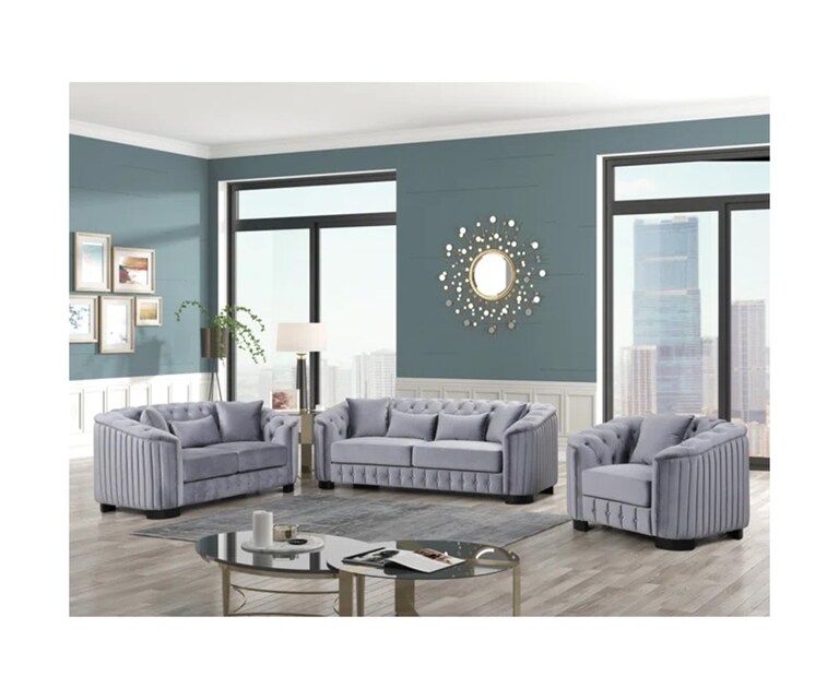 Decor Desk Index Velvet Fabric 6 Seater Sofa Set (3+2+1) in Grey Colour