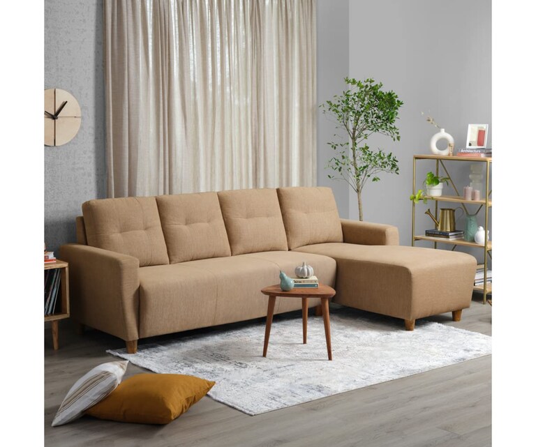Decor Desk Nakshatra Velvet Fabric L Shape RHS 5 Seater Sofa in Coco Brown Colour