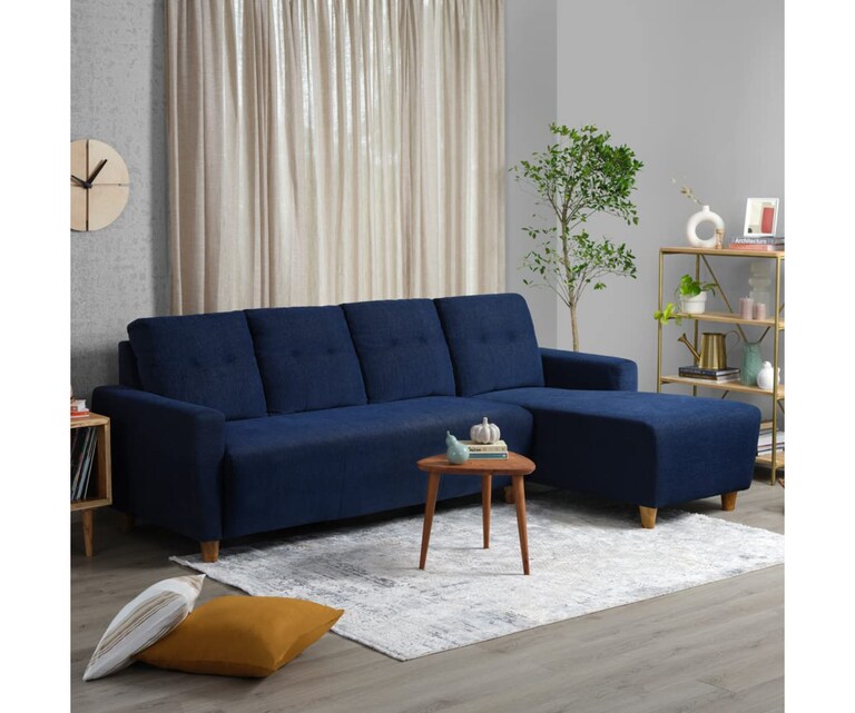 Decor Desk Nakshatra Velvet Fabric L Shape RHS 5 Seater Sofa in Royle Blue Colour