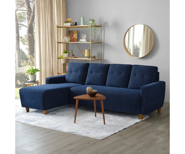 Decor Desk Nakshatra Velvet Fabric L Shape LHS 5 Seater Sofa in Royle Blue Colour