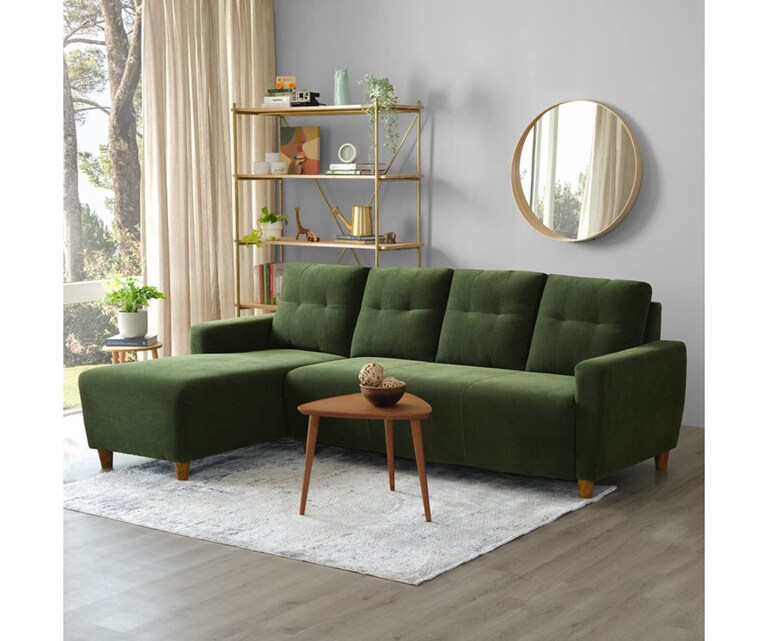 Decor Desk Nakshatra Velvet Fabric L Shape LHS 5 Seater Sofa in Olive Green Colour
