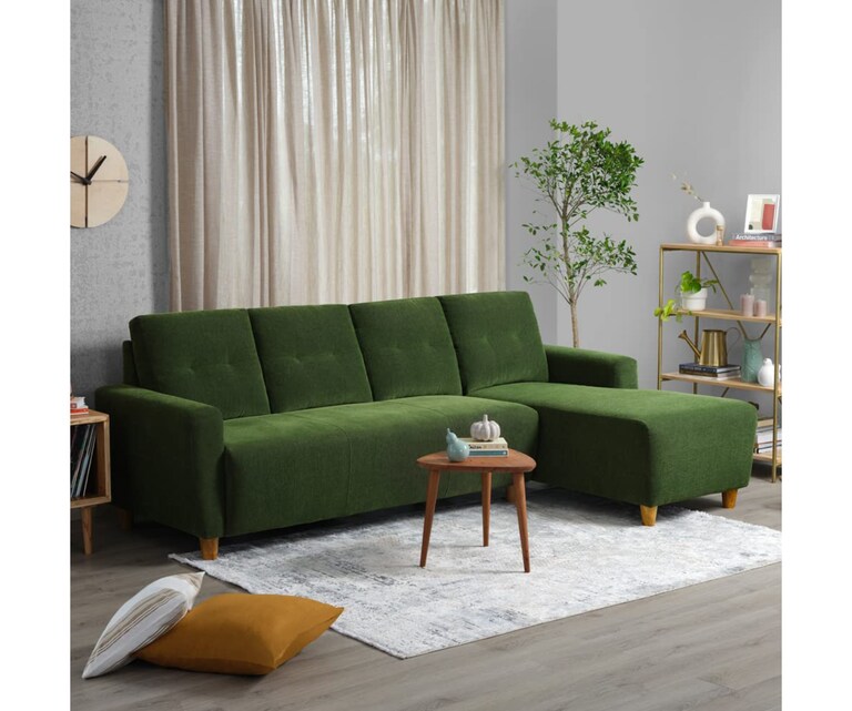 Decor Desk Nakshatra Velvet Fabric L Shape RHS 5 Seater Sofa in Olive Green Colour